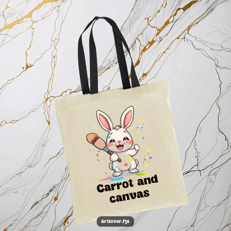 Funny Rabbit Artist Tote Bag: Joyful rabbit character splattering vibrant paint colors with a large paintbrush, ready to carry your art supplies.