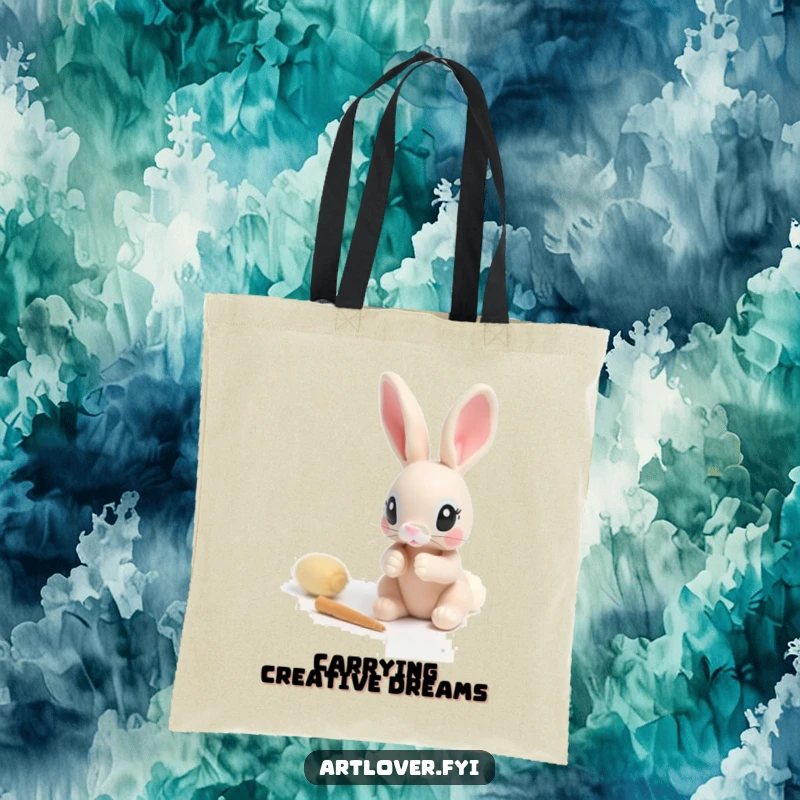 Funny tote bag of a focused rabbit carefully sculpting a small clay figure, perfect for carrying art supplies or daily items.