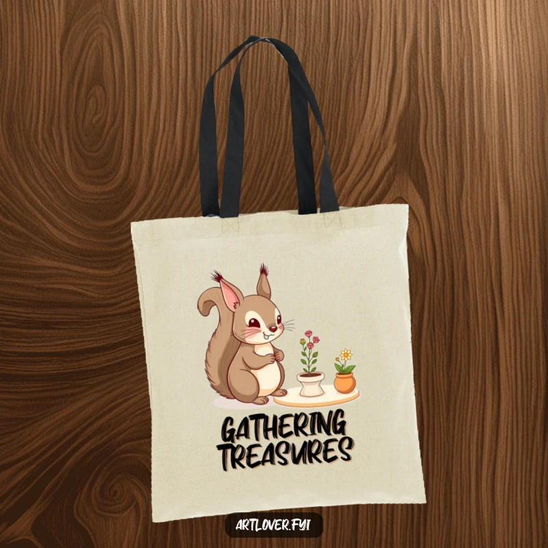 Funny Tote Bag: A cheerful squirrel admires a miniature still life, ready to carry your art supplies or daily essentials with woodland charm.