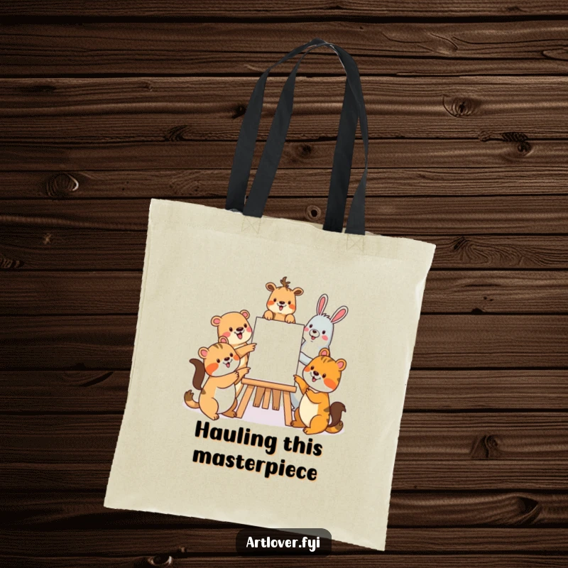 Funny tote bag featuring a group of happy animals gathered around an easel, pointing and smiling, celebrating artistic collaboration.