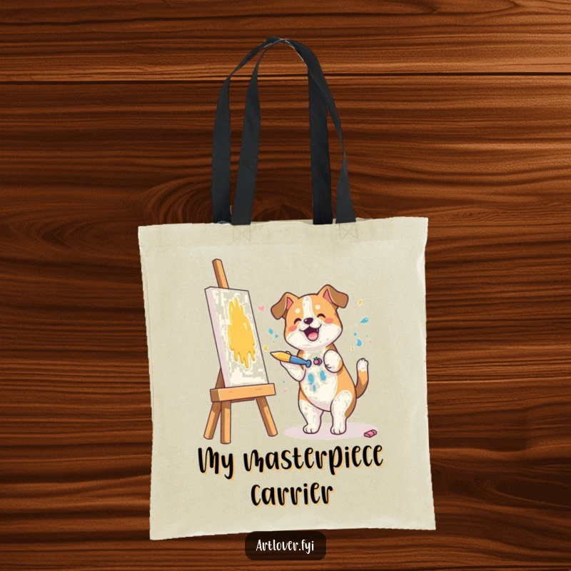 Funny tote bag depicting a dog artist joyfully splashing paint on a canvas, perfect for carrying art supplies or groceries.