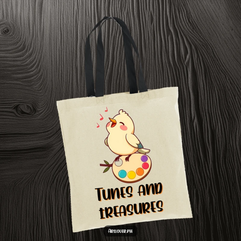 Funny tote bag depicting a happy bird singing joyfully on a colorful palette, perfect for carrying art or music related items.
